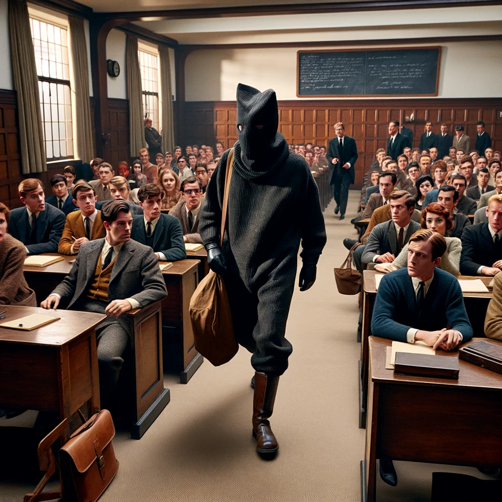 DALL·E 2024-01-22 21.33.59 — A scene set in a 1960s university lecture hall, capturing the moment a man dressed in a black sack enters and sits among the audience. The lecture hal