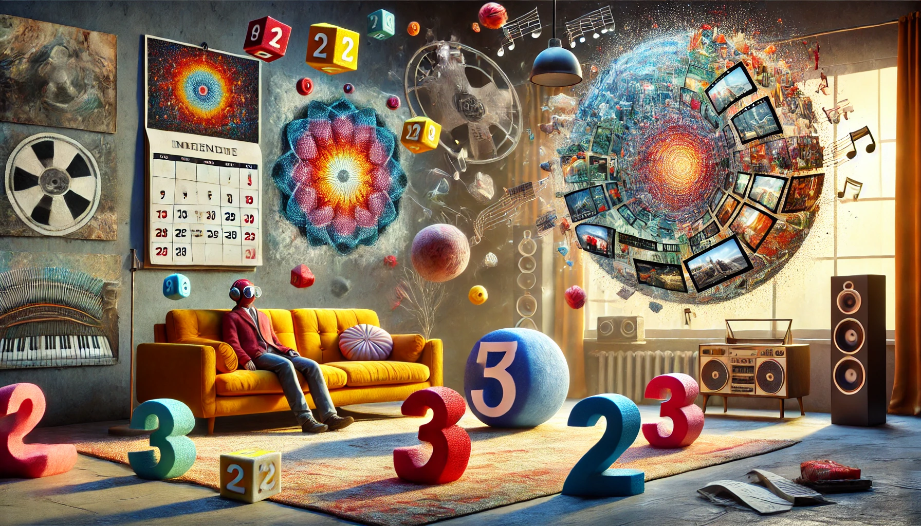 DALL·E 2024-09-17 12.40.07 — An unusual and imaginative scene depicting people experiencing different types of synesthesia in a cozy setting. One person is sitting on a sofa with
